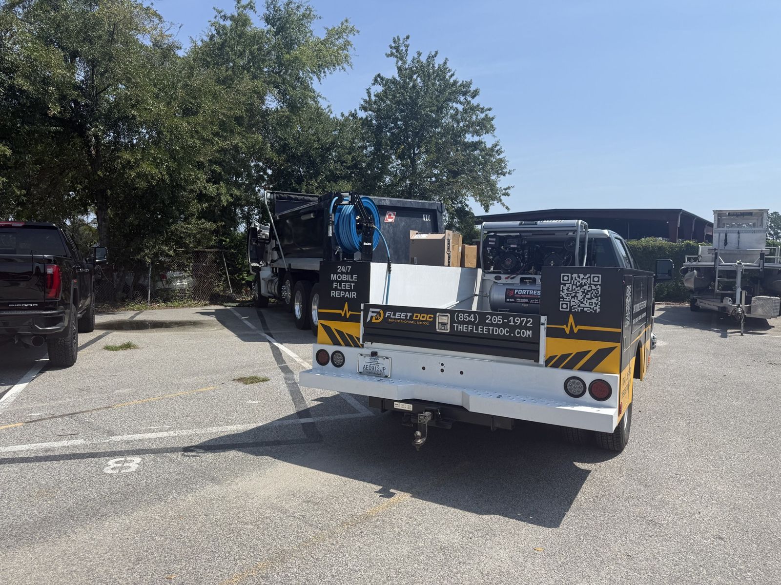 Fleet Doc 24/7 roadside truck repair service truck, rear view with tool boxes, Charleston SC